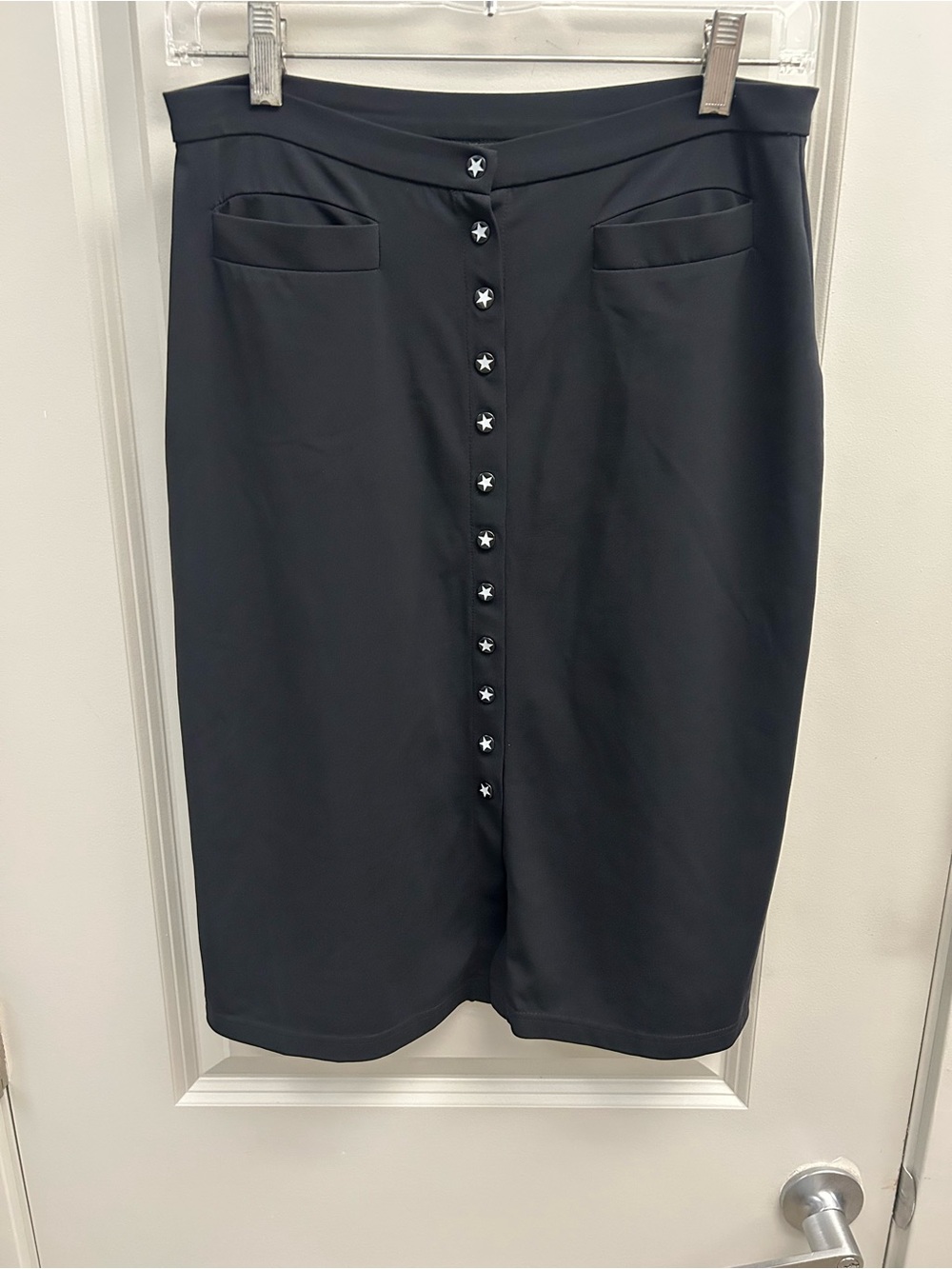 agnès b. Paris Black Knit Button Front Pencil Knee Skirt Sz 2 Star Buttons